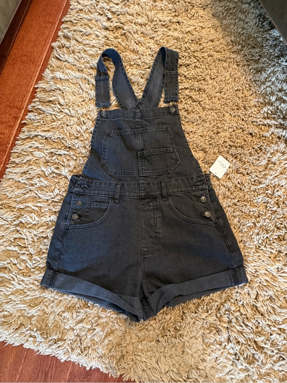 Free People Washed Black Denim Short Overalls